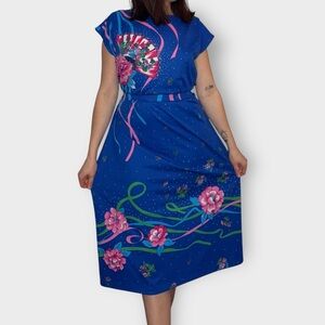 Vintage 1970s C&A Blue & Neon Pink Floral, Belted Waistline Dress